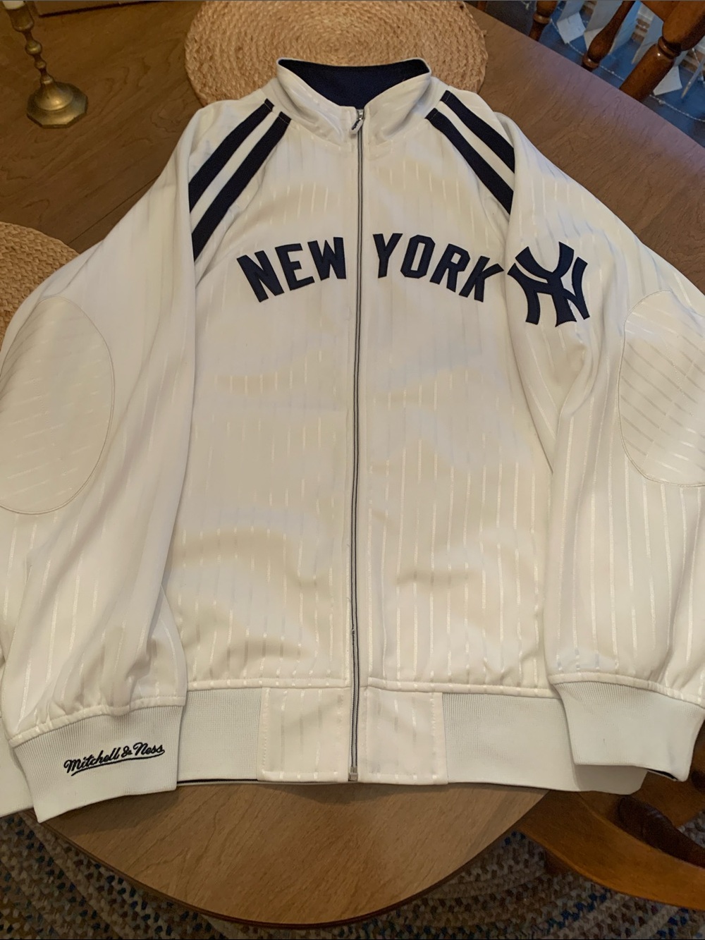 Mitchell & Ness White and Navy New York Yankees Full-Zip Bomber Jacket